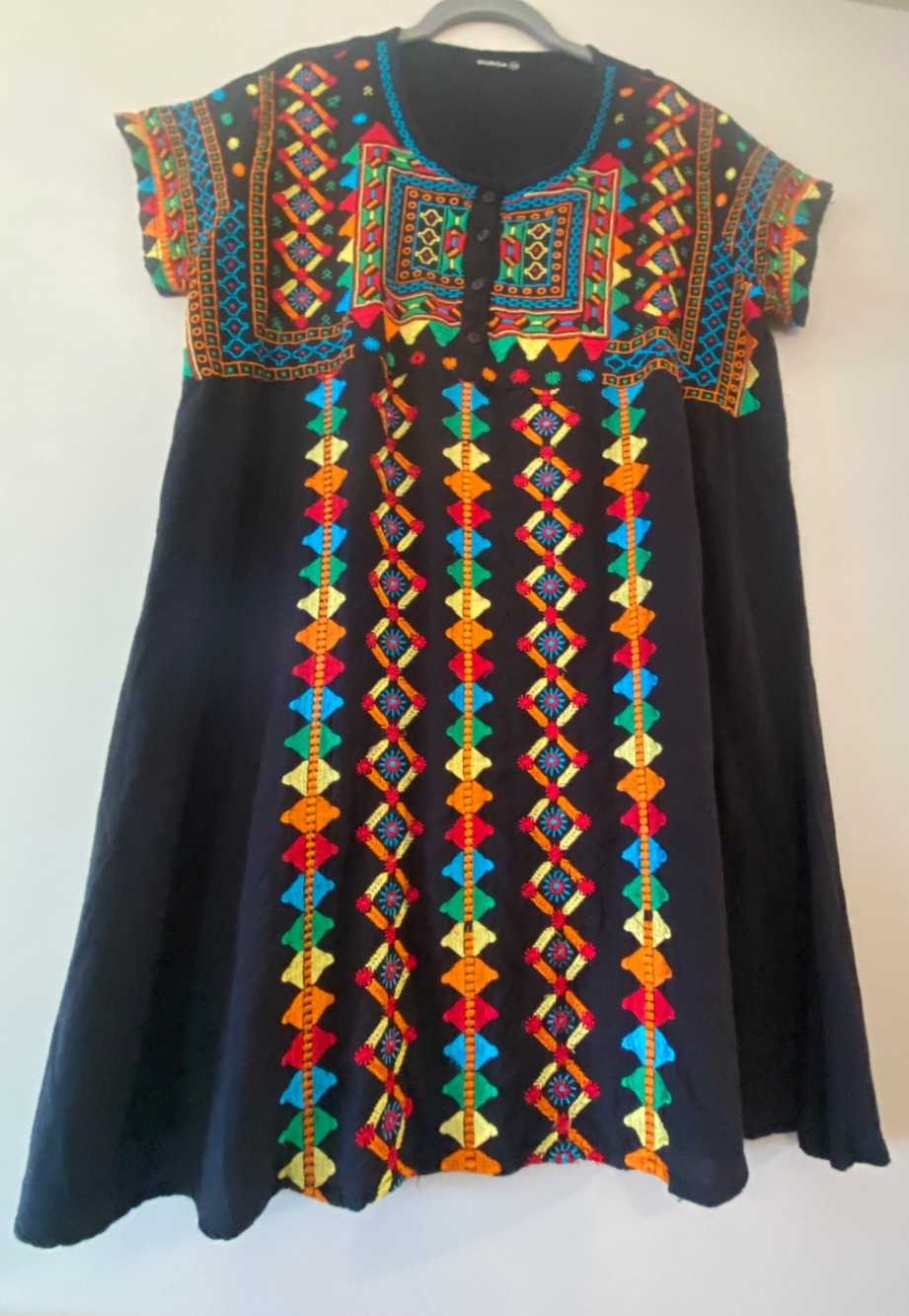 DURGA Embroidered Tunic Dress Sz XL Western Peasant Boho Black Multi Needlepoint